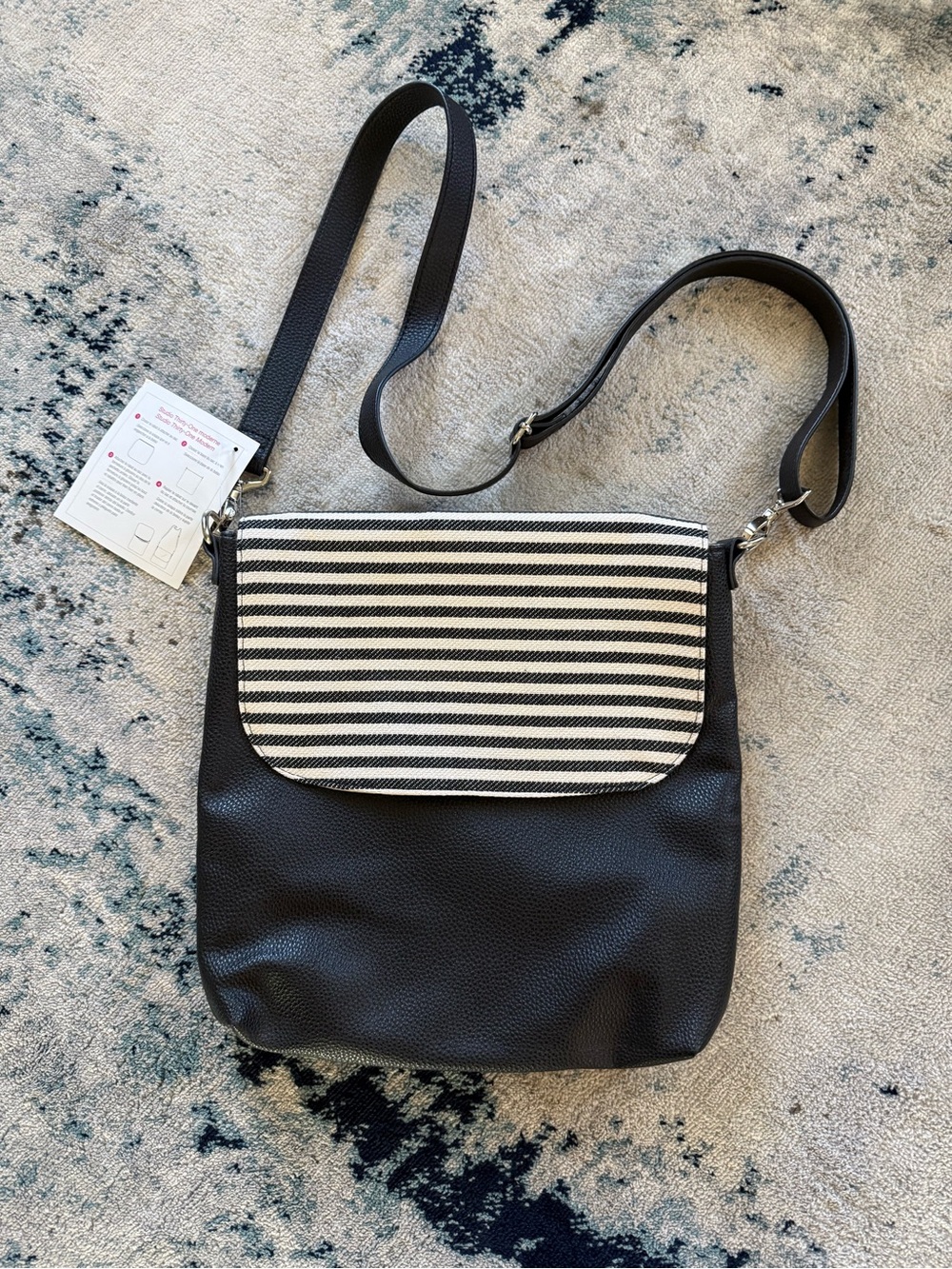 Thirty-One Studio Black Crossbody Purse with Black-and-White Striped Flap